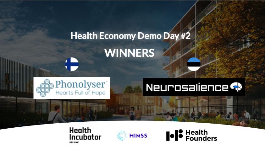 Banner of Finnish-Estonian Health Economy Demo Day with winners' logos.