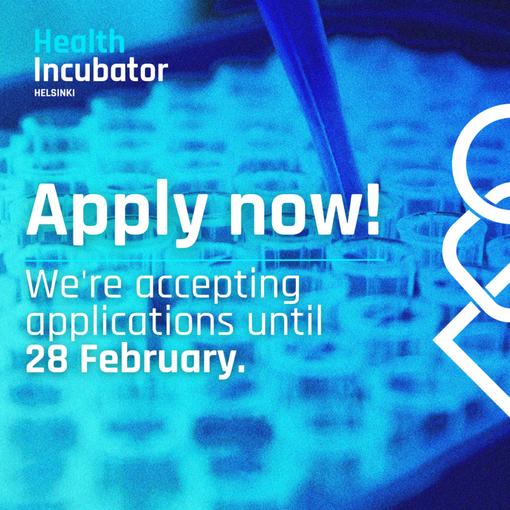 Laboratory equipment on the background, Health Incubator Helsinki logo, and the text "Apply now! We're accepting applications until 28 February."